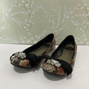 Fergalicious  Y2KSnake Print Ballet Flats With Black Bow & Rhinestone Accents 8M